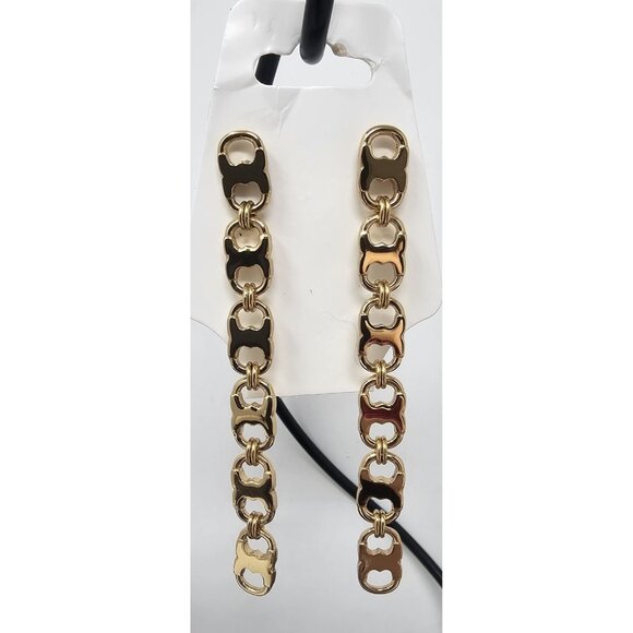 Tory Burch Drop Earrings Gold Tone Logo Gemini Chain Link Dangle Women’s 3" - Picture 1 of 7